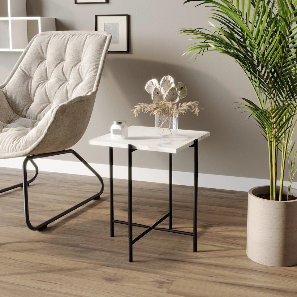 image 1 of Set of 2 Pcs Marble Effect Tops Square Round Side End Coffee Table Metal Frame | White | White Square | 1