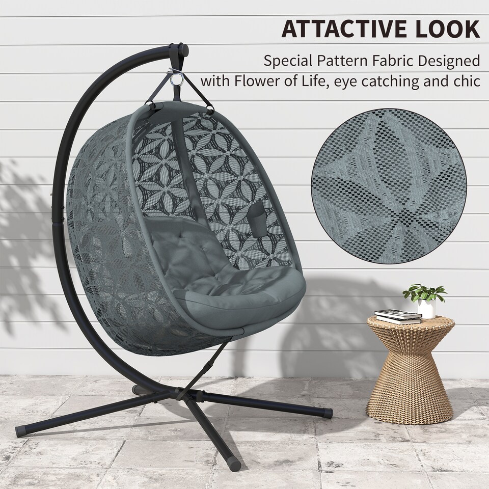 image 1 of Outsunny Double Hanging Swing Chair w/ Stand & Cup Holders, Charcoal Grey | Grey