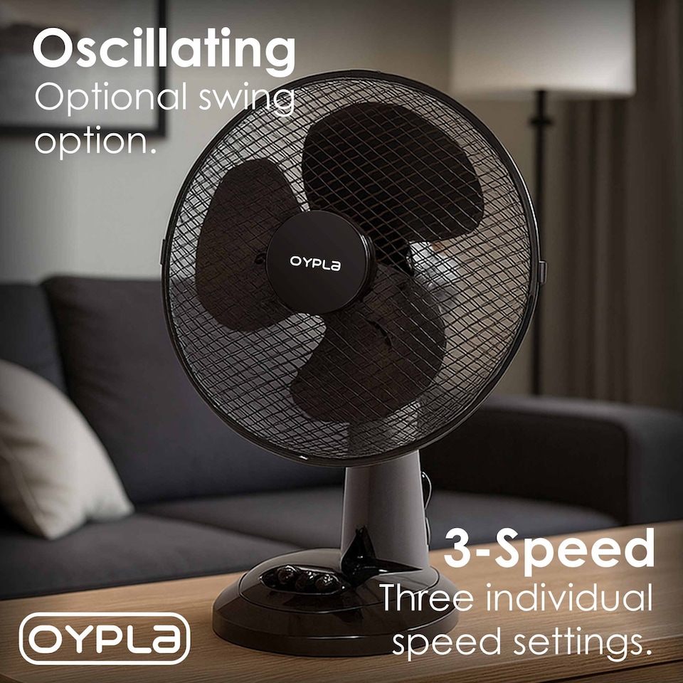 image 1 of 12 Inch 3 Speed Oscillating Black Electric Desk Home Office Fan