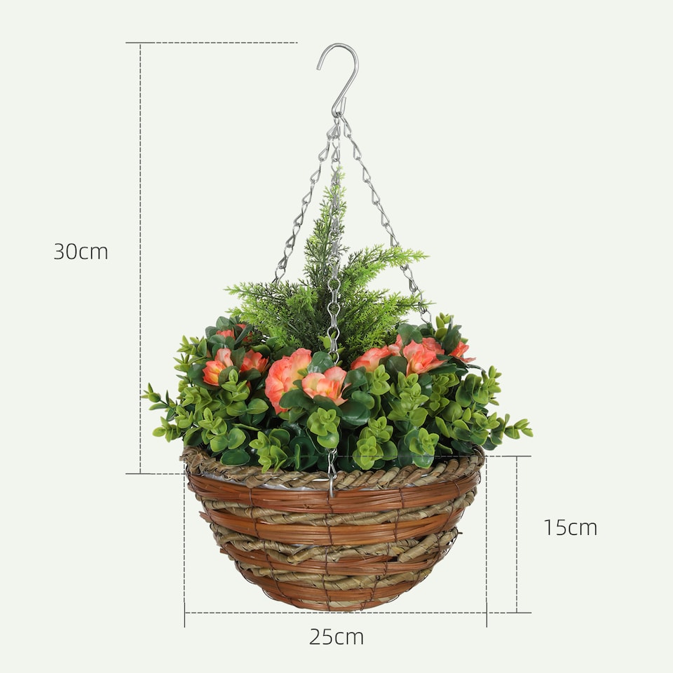 image 1 of Outsunny Pack of 2 FauPlant Artificial Lisianthus Flowers Hanging Planter with Basket for Indoor Decoration, Orange