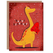 Spiky Yellow Red Dinosaur Cartoon Cute 4th 4 Year Old Child Kids Birthday Card