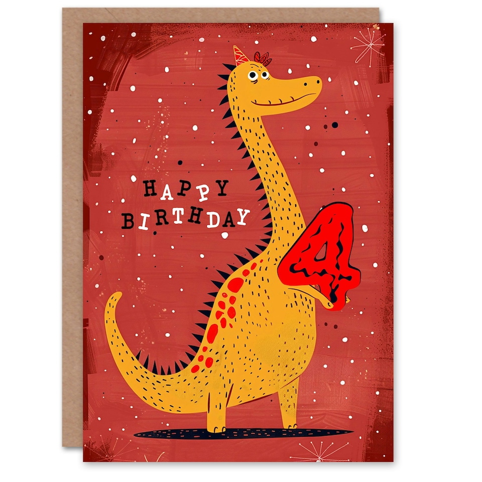 image 1 of Spiky Yellow Red Dinosaur Cartoon Cute 4th 4 Year Old Child Kids Birthday Card