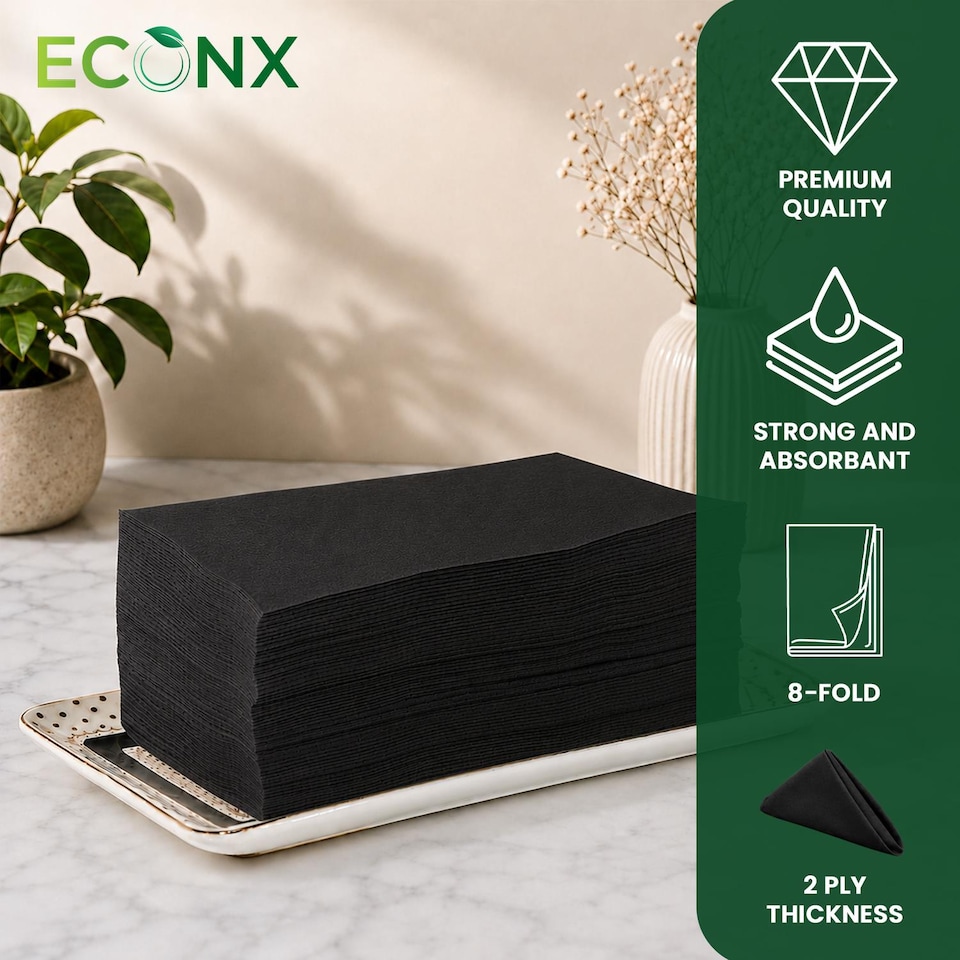image 1 of ECONX Black Paper Napkins 40cm 2 Ply Strong Paper Napkins Tissue Serviettes Cocktail Napkins Pack of 125