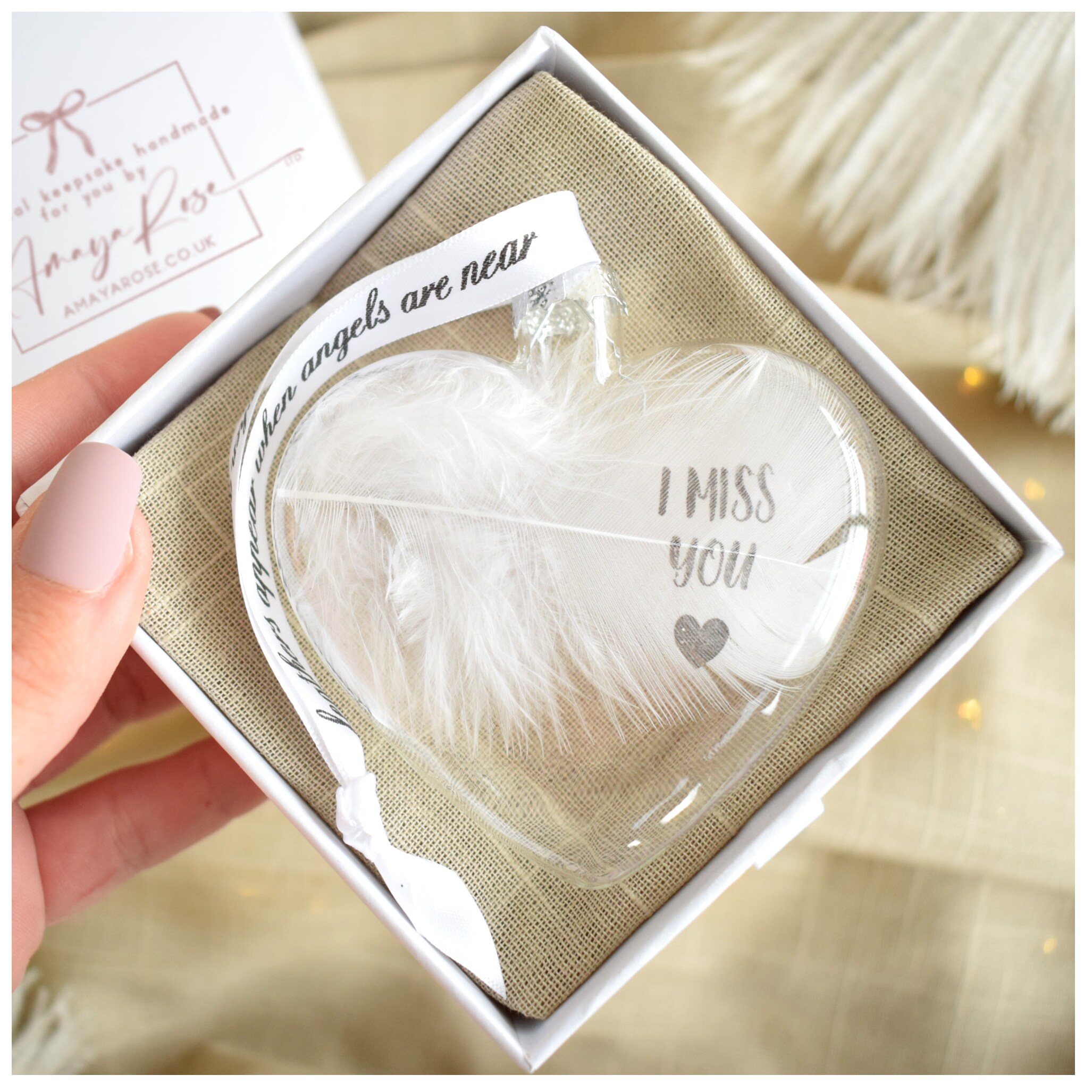 Amaya Rose Ltd I Miss You In Memory Heart Feather Bauble Bereavement Gift Boxed in Clear