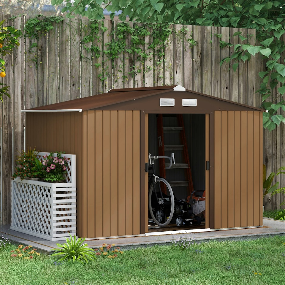 image 1 of Outsunny 9 x 6FT Galvanised Garden Storage Shed w/Sliding Door, Light Brown