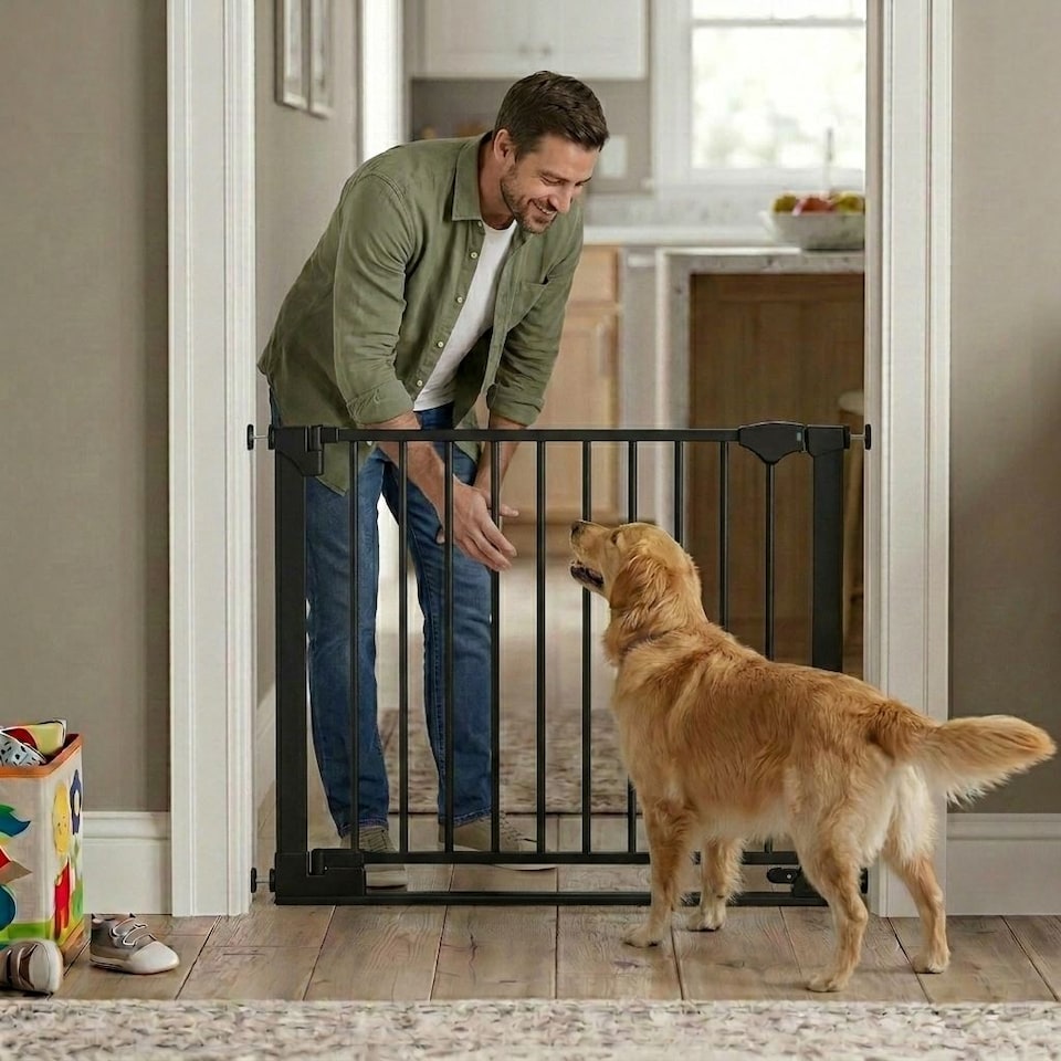 image 1 of Safetots SafeStep Gate, Black, 110cm - 117cm, Extra Low Walkthough, 81cm Extra Wide Doorway, Extra Wide Gate for Stairs, Hallways and Doors, Baby and Toddler, Easy Installation