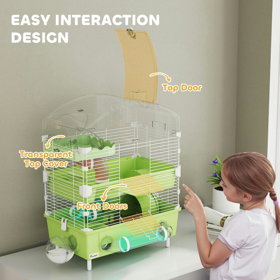 image 1 of PawHut 3-Tier Hamster Cage, Hamster Habitat with Accessories, Green