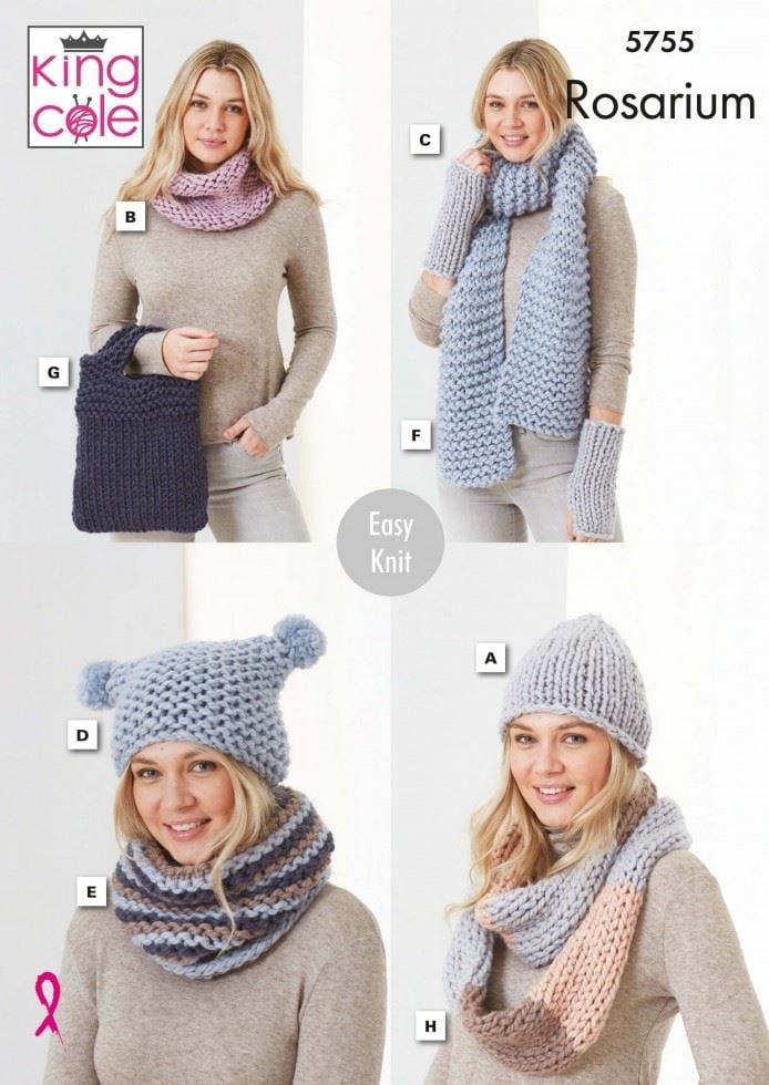 King Cole Rosarium Mega Chunky Knitting Pattern 5755, Headwear, Scarves, Wrist Warmers and Bags for Women - One Size