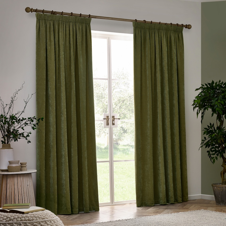 image 1 of Heavy Chenille Blackout Pencil Pleat Curtain Pair | Green | Olive | 2