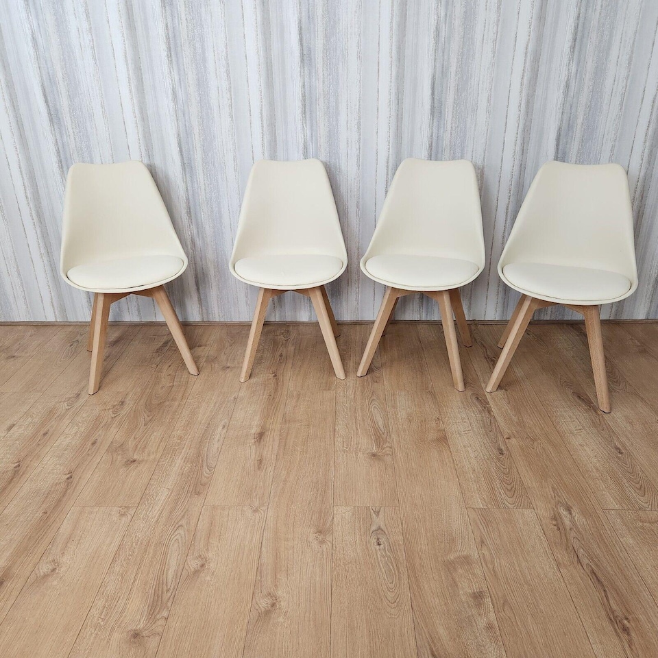 image 1 of Oak Effect Dining Table Set With 4 Cream Plastic Chairs And Bench Dining Room Furniture