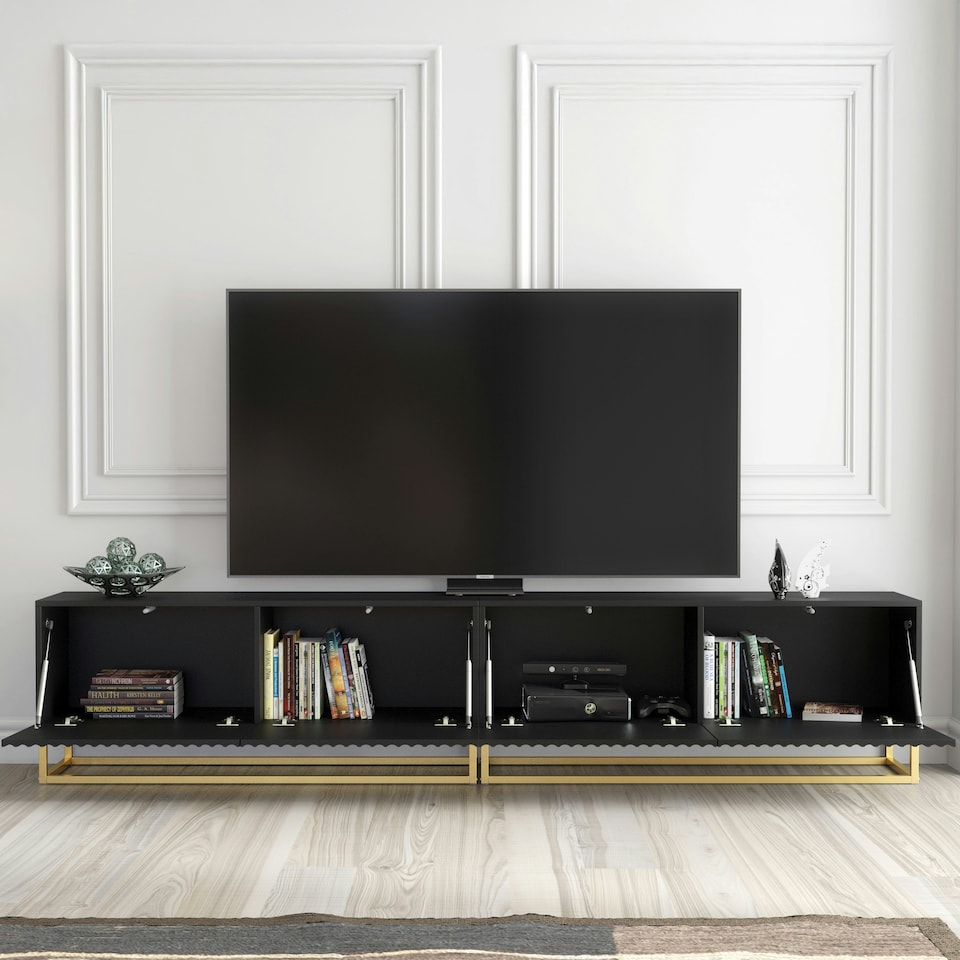 image 1 of Modular TV Unit 200cm Black Matt with Fluted Fronts and Gold Base | Black | One Size | 1