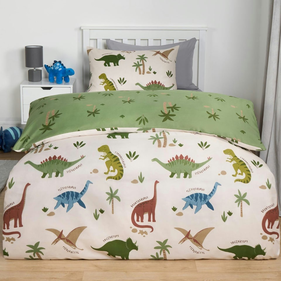 image 1 of OHS Dino Reversible Print Duvet Cover and Pillowcase Set, Single - Green