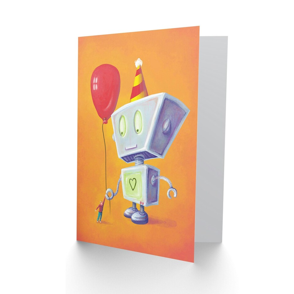 image 1 of Cute Robot  Party Hat And Balloon Boy  Kids Birthday Greeting Card