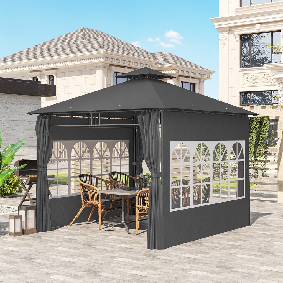 image 1 of Outsunny 3 x 3 m Garden Gazebo, Double Roof Metal Gazebo with Removable Sidewalls and Church Windows, Outdoor Canopy Shelter, Dark Grey
