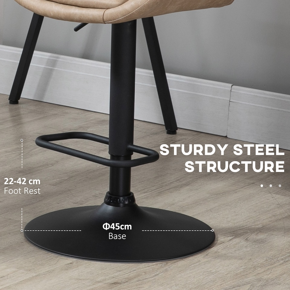 image 1 of HOMCOM Breakfast Bar Stools Set of 2 with 51x40cm Wide Seat, Height Adjustable Kitchen Counter Chairs, Retro Swivel Upholstered Barstools with Back, Footrest and Steel Base, Light Khaki