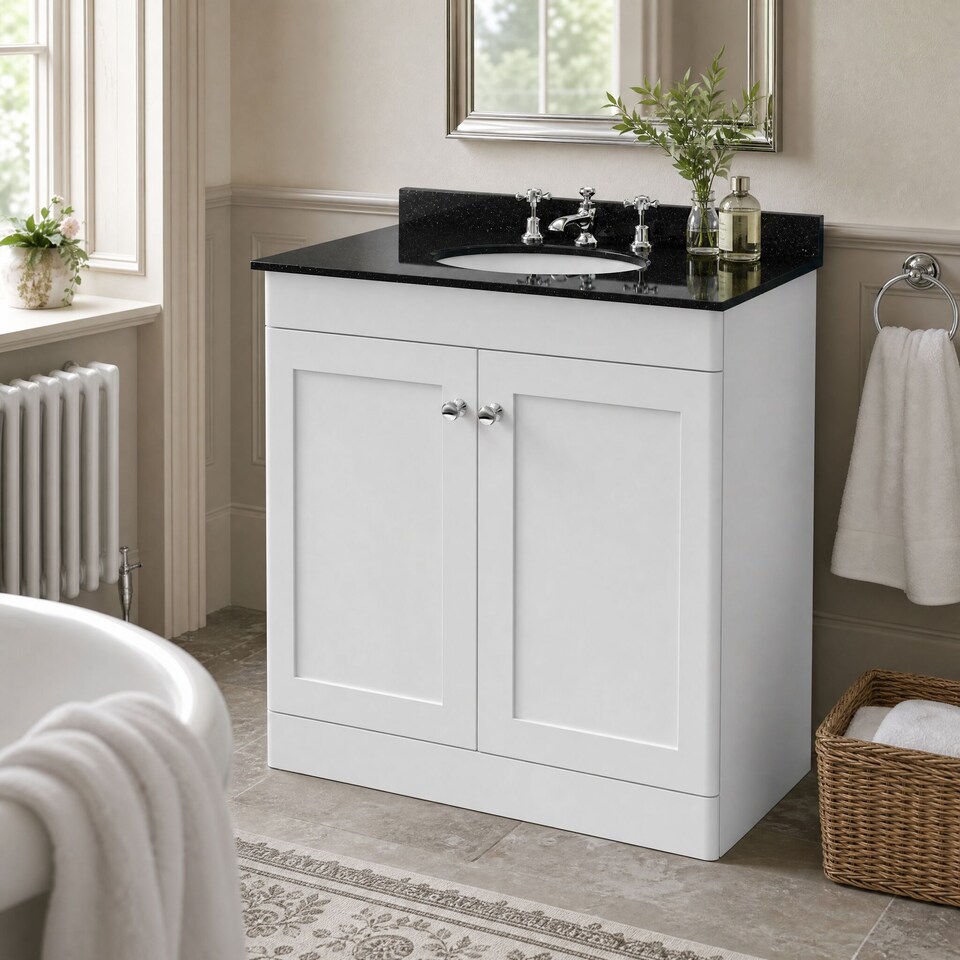 image 1 of Balterley Swynnerton Traditional 2 Door Floor Standing Vanity Unit with Marble Basin, Satin White, 800mm
