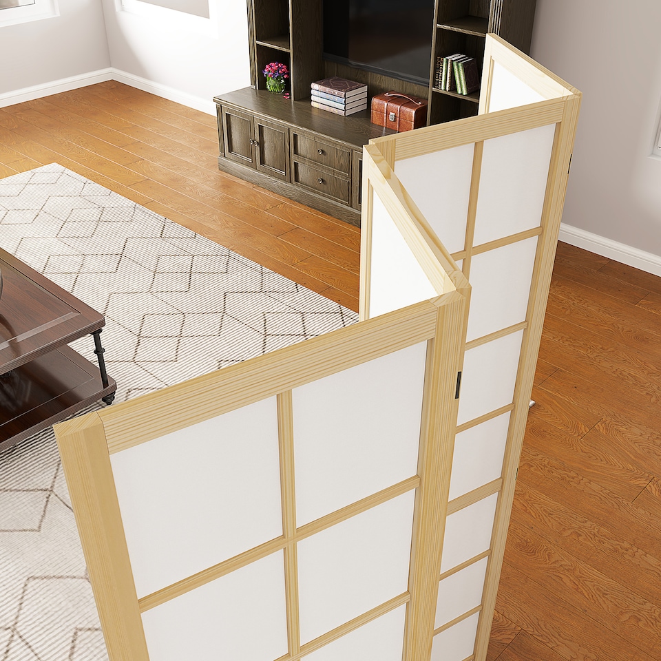 image 1 of HOMCOM 4 Panel Folding Room Divider, Freestanding Privacy Screen, Indoor Room Partition for Living Room, Bedroom and Office, 160 x 170cm | Brown | Natural wood finish