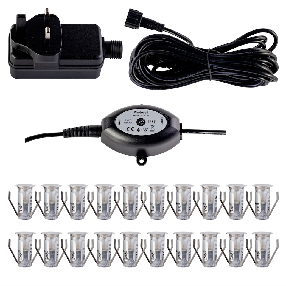 image 1 of Set of 20 - 15mm IP67 Cool White LED Decking Kit with Photocell | Chrome | Clear | 20