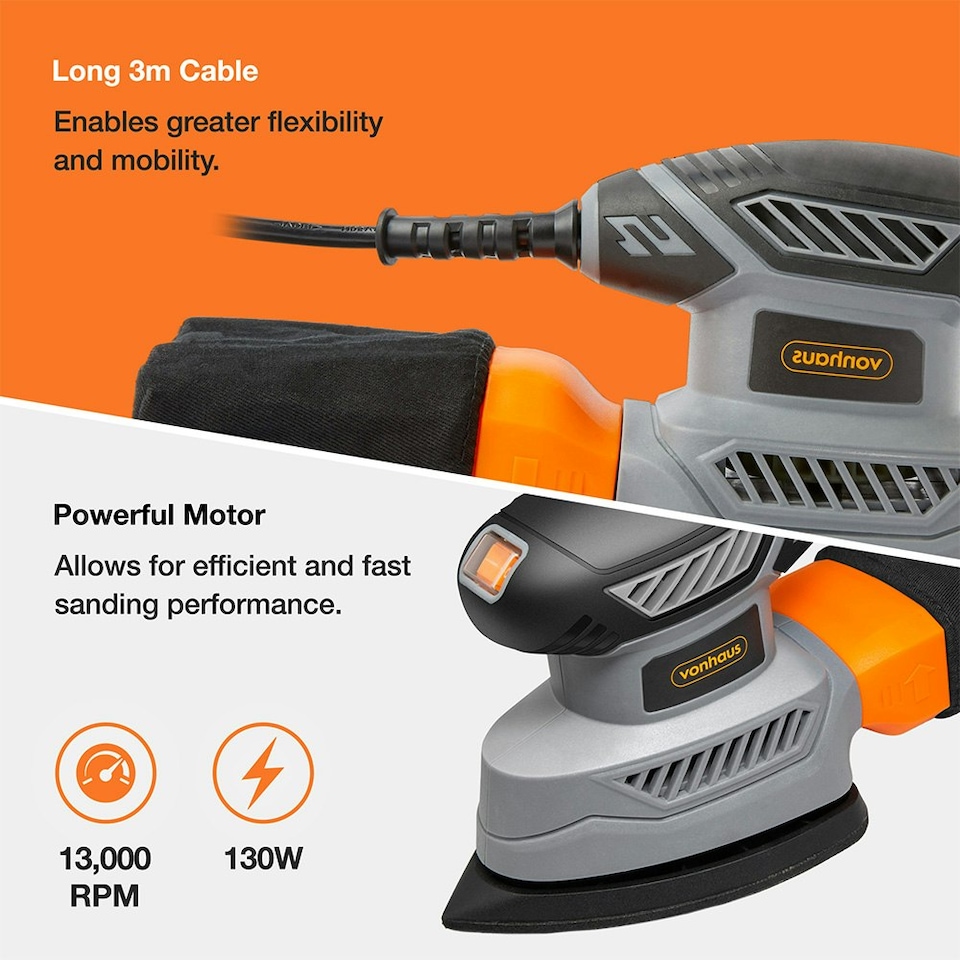image 1 of VonHaus 130w Electric Detail Sander for Wood with Dust Collector