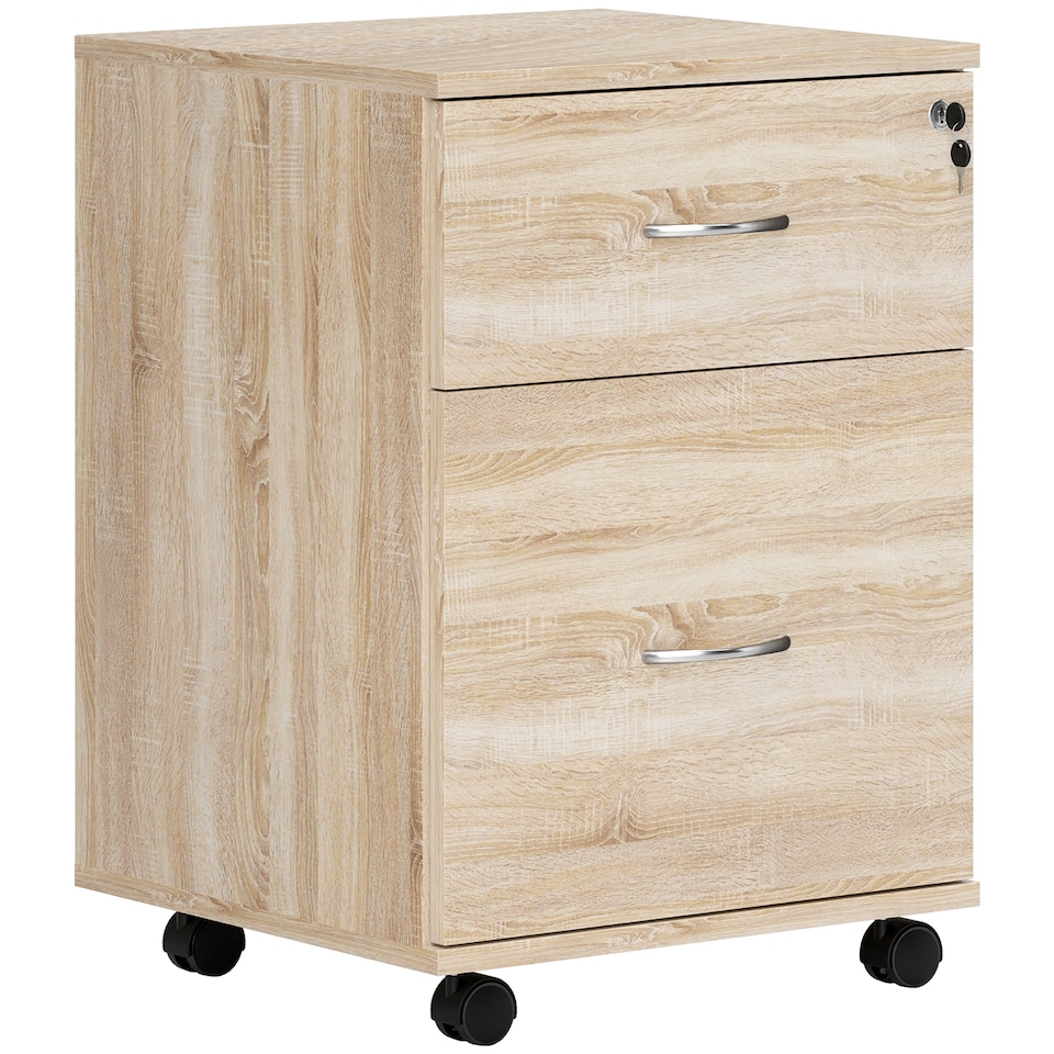 image 1 of HOMCOM 2 Drawer Lockable Filing Cabinet with Wheels, Mobile Filing Cabinet for Home Office, Small Printer Stand, Oak Wood Grain