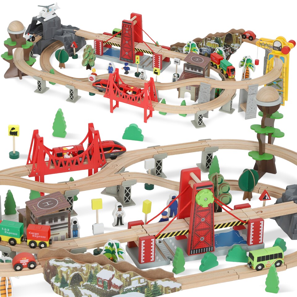 image 1 of AIYAPLAY Wooden Train Set, 100 Piece Train Track Toy for 3+ Years Kids, Boys & Girls, Magnetic Wooden Railway Toys with Crane, Bridge, Helicopter, STEM-Inspired Gift for Toddlers