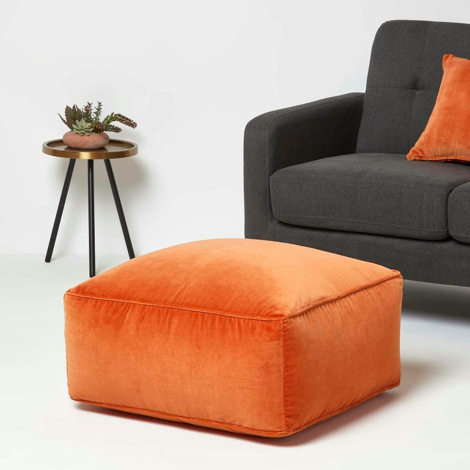 image 1 of Homescapes Burnt Orange Velvet Pouffe Bean Cube