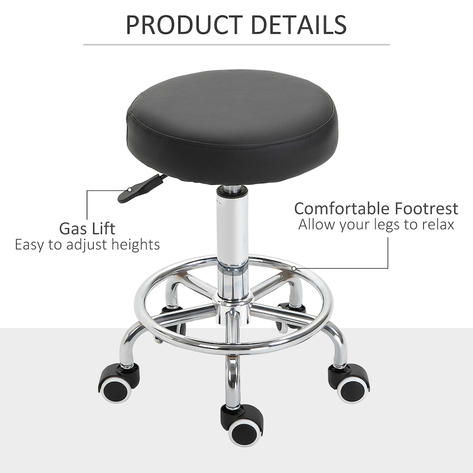 image 1 of Vinsetto Round Rolling Stool, PU Leather Height Adjustable Stool Chair with Wheels and Swivel Seat for Salon, Massage, Spa, Home Kitchen, Black