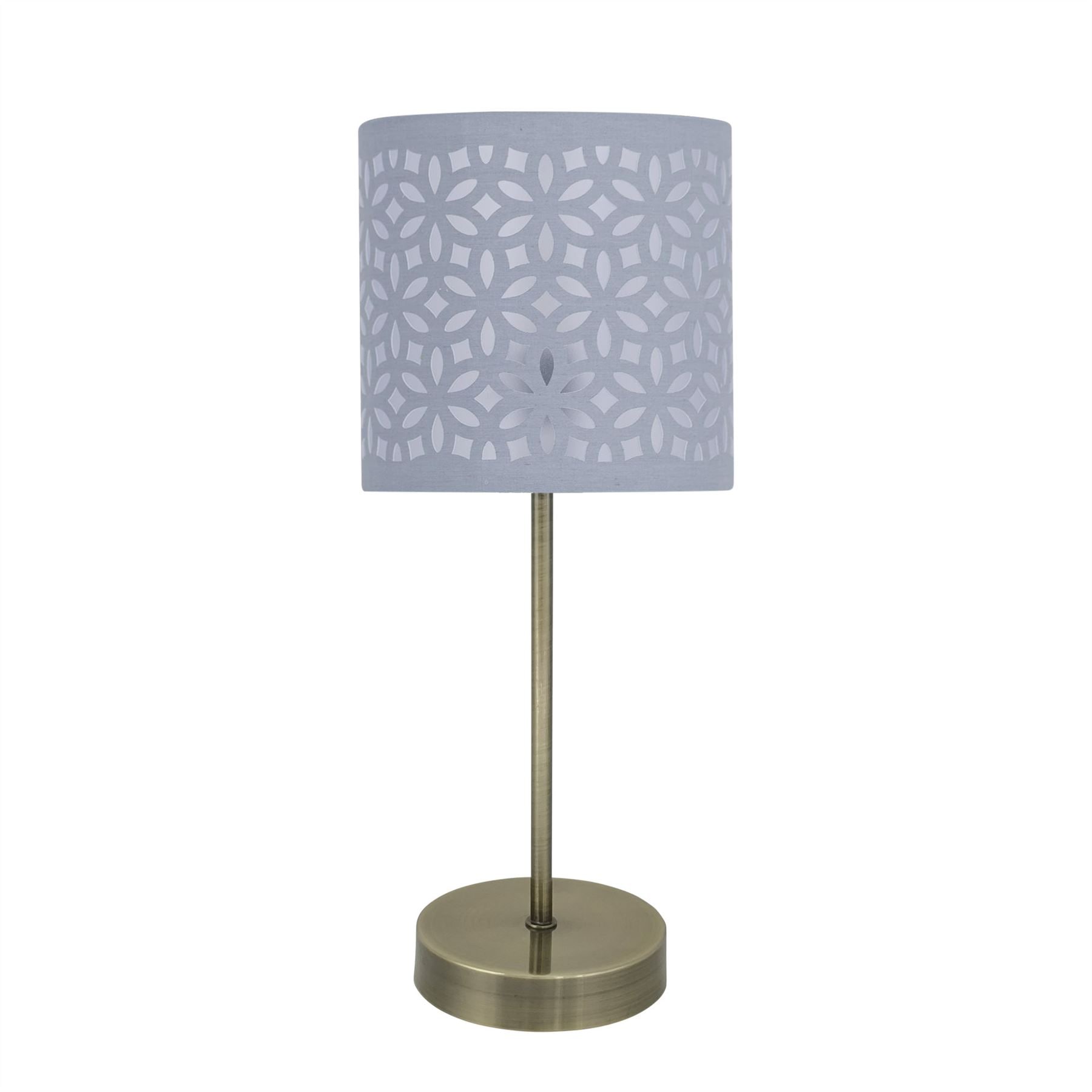 First Choice Lighting Antique Brass Stick Table Lamp with Grey Laser Cut Shade in Bronze
