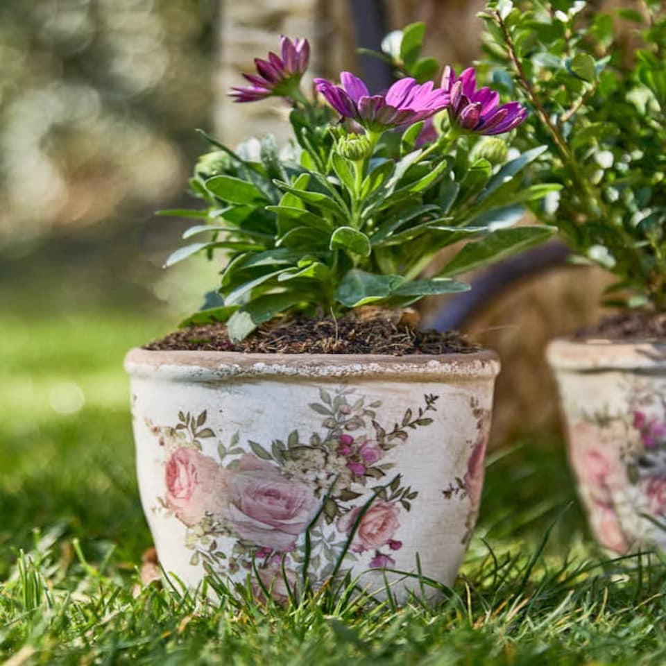image 1 of Vintage Floral Patterned Ceramic Planter Cream