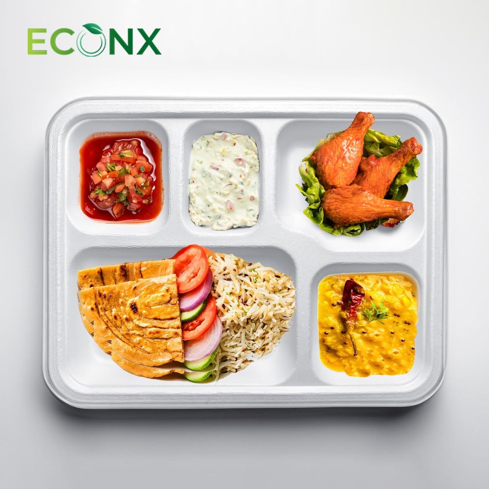 image 1 of ECONX Bagasse Deep 5 Compartment Food Tray Plate Disposable Sugarcane Paper Plate 50pc