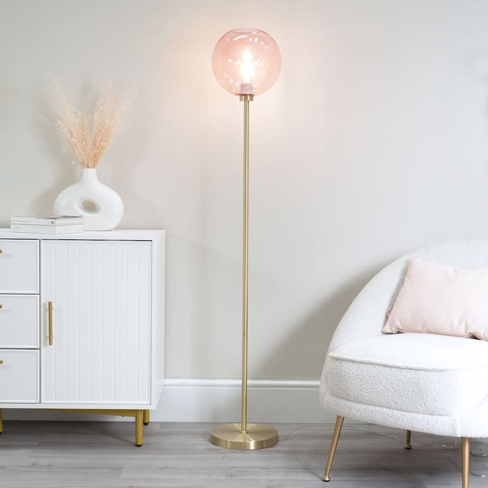 image 1 of ValueLights Frenchie Pink Tinted Glass Globe Gold Stem Floor Lamp | Gold