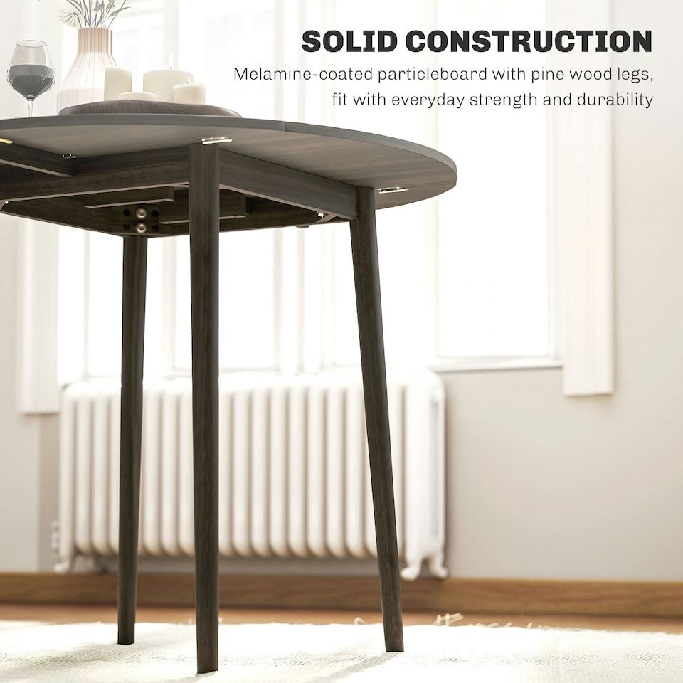 image 1 of HOMCOM Foldable Dining Table, Round Drop Leaf Table, Wood Legs, Grey