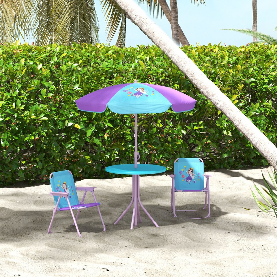 image 1 of Outsunny Kids Bistro Table and Chair Set w Fairy Theme, Adjustable Parasol
