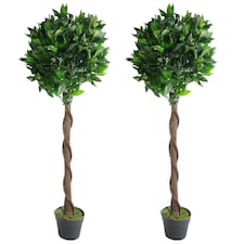 Pair of 120cm (4ft) Twisted Stem Artificial Topiary Bay Laurel Ball Trees | Green | 4ft