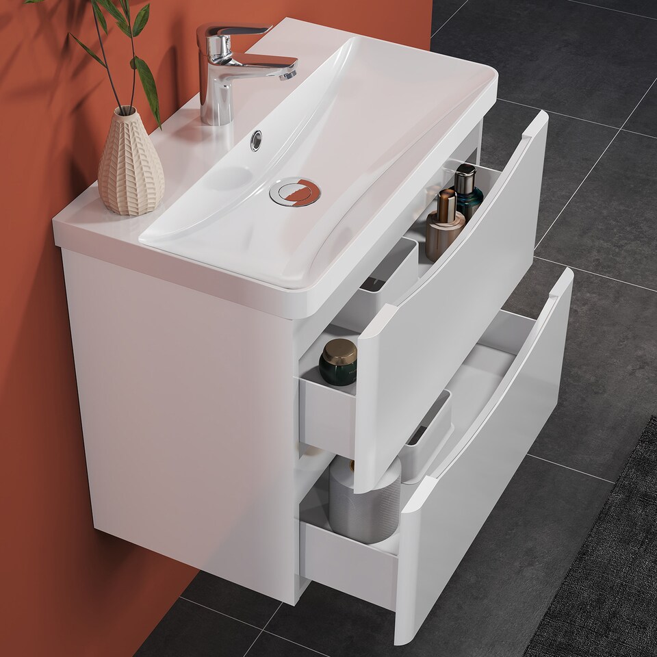 image 1 of AICA 600mm Wall-Hung White Bathroom Vanity Unit With Integrated Sink,2 Soft-Close Drawers for Storage