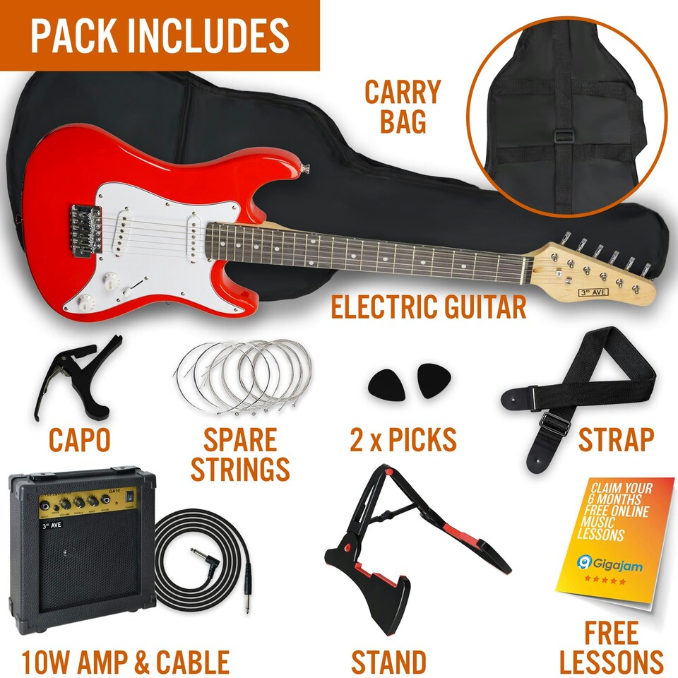 image 1 of 3rd Avenue 3/4 Size Electric Guitar Pack with Amp Red