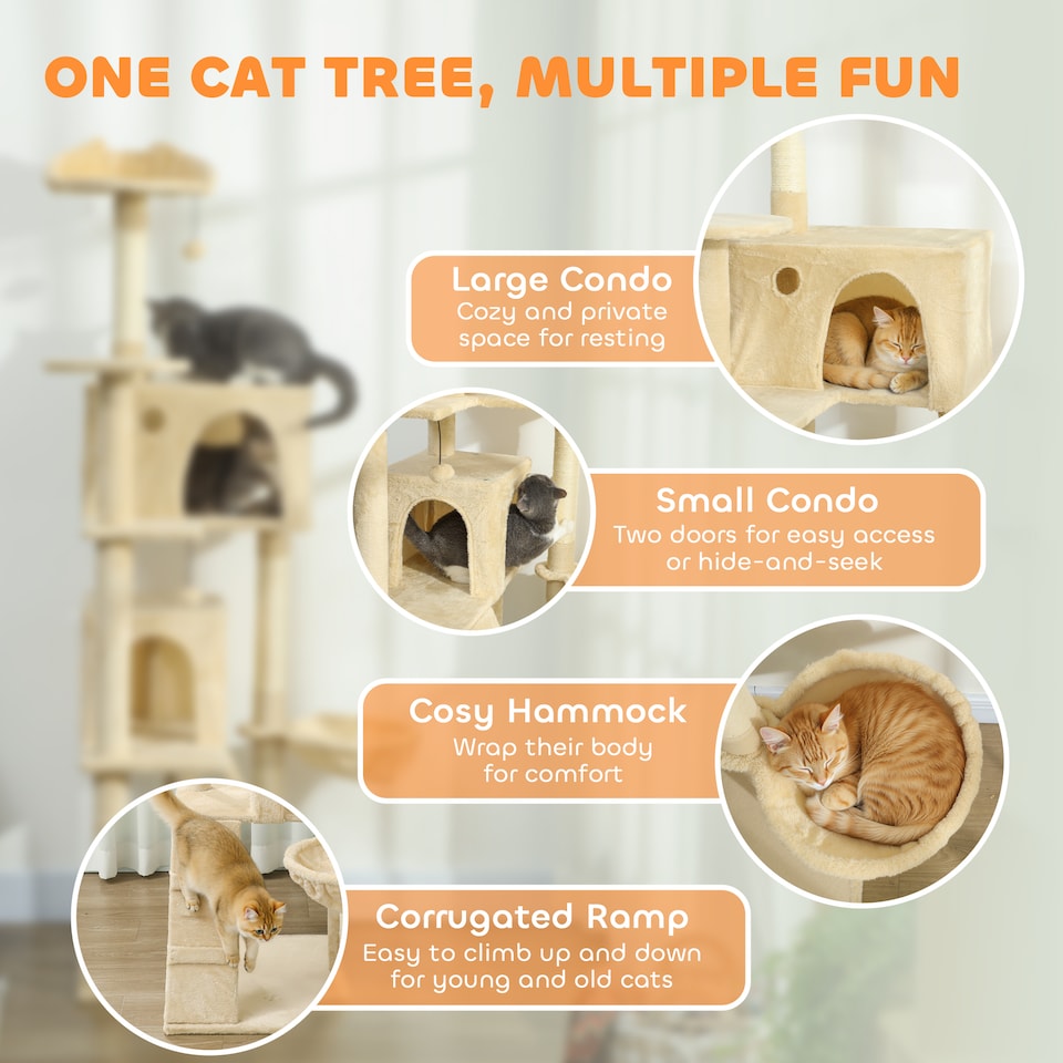 image 1 of PawHut 180cm Cat Tree, Multi-Level Large Cat Tower with 3 Sisal Scratching Posts, Condos, Plush Perches, Hammock, Ladder, Dangling Balls, Kitten Activity Centre for Kittens Playing Relaxing | Cream