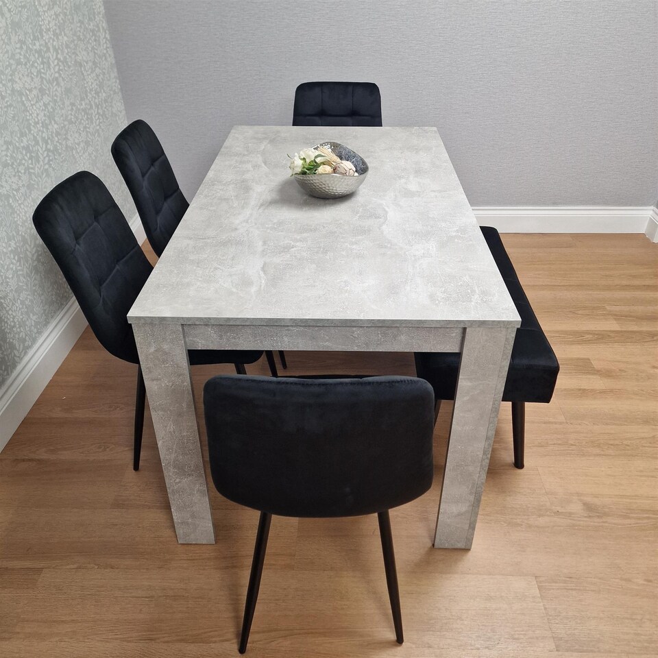 Modern Grey Dining Table with 4 Black Velvet Chairs And Black Bench ...
