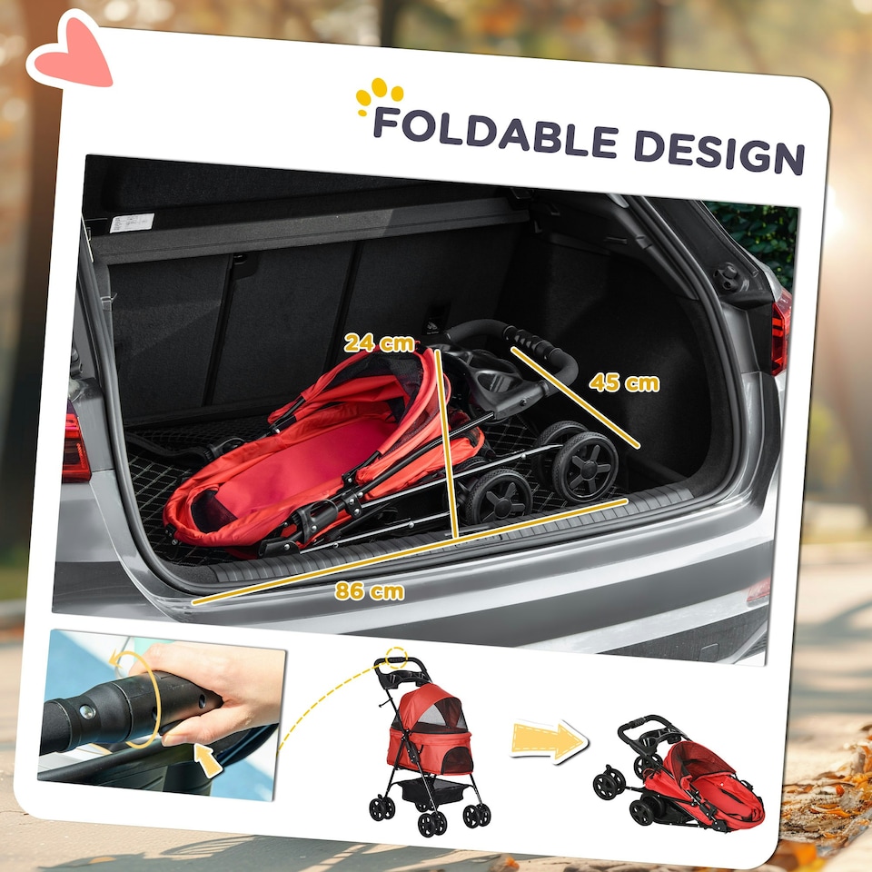 image 1 of PawHut Pet Stroller Foldable Travel Carriage w/ Brake Basket Canopy, Red
