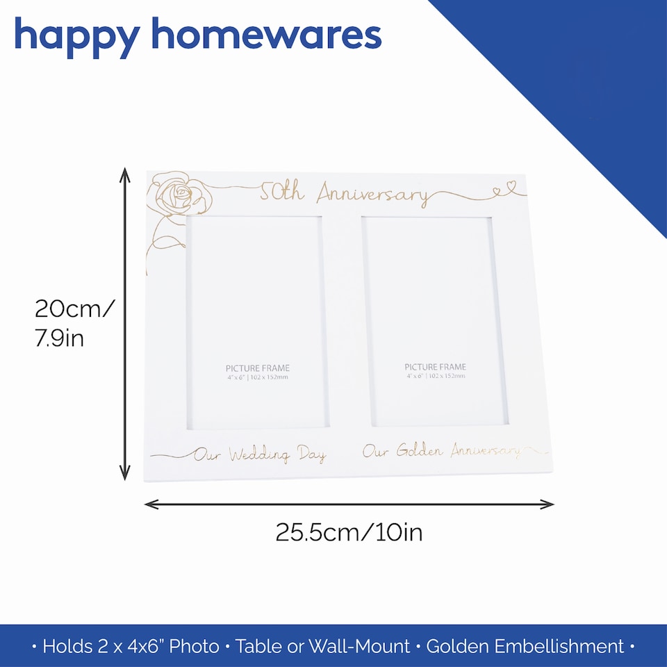 image 1 of Beautiful Double Picture Frame for 50th Wedding Anniversary - Gold Foil Text | Gold | One Size