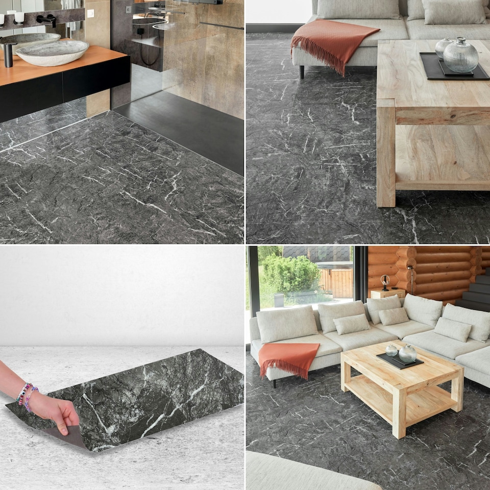 image 1 of NOVECRAFTO Black Self Adhesive Vinyl Floor Tiles - 12”x24” (30.48x60.96cm) - Large Peel & Stick Waterproof Marble Effect Flooring - Pack of Tiles Black | 1.85 sqm