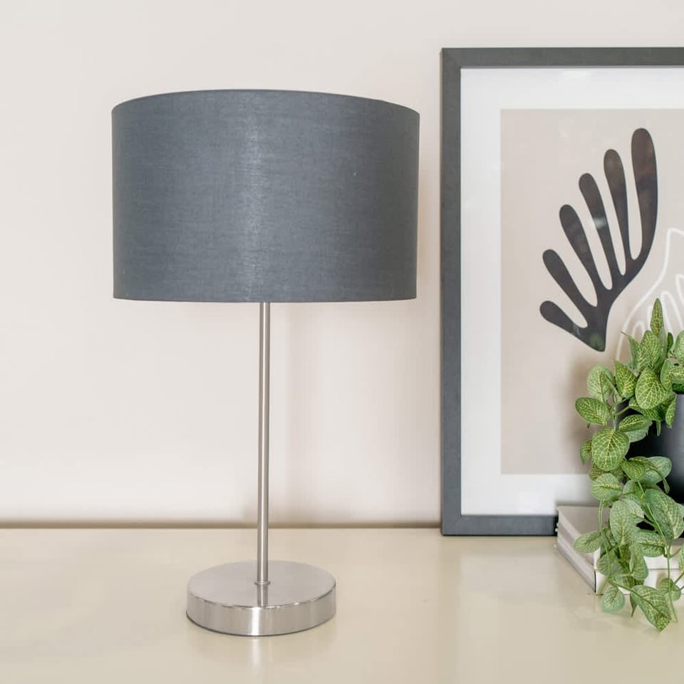 image 1 of ValueLights Charlie Brushed Chrome Table Lamp Charcoal & Chrome Shade & Bulb | Grey
