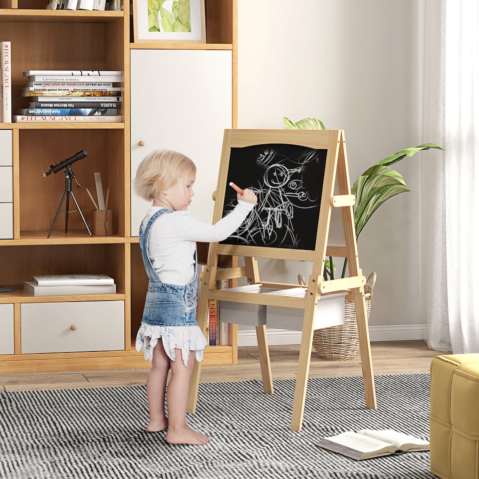 image 1 of AIYAPLAY 3 in 1 Kids Easel with Paper Roll, Storage Baskets | Yellow | Natural wood finish