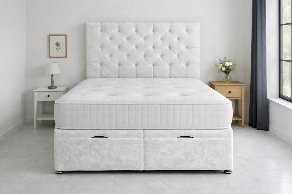 image 1 of Foot Lift White Crush 5ft Kingsize Ottoman Bed Set Headboard and Mattress