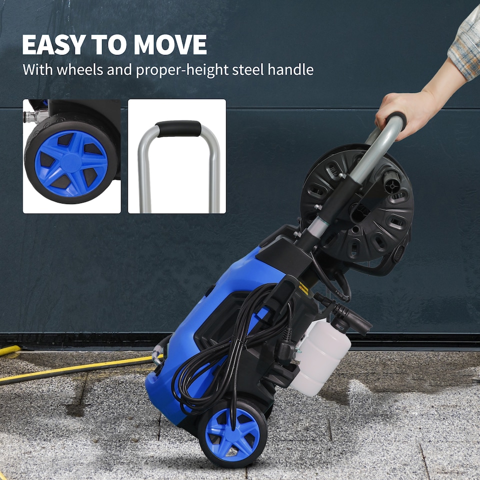 image 1 of Outsunny 1800W Power Washer 150 Bar Pressure 6M Hose and Hose Reel, Blue