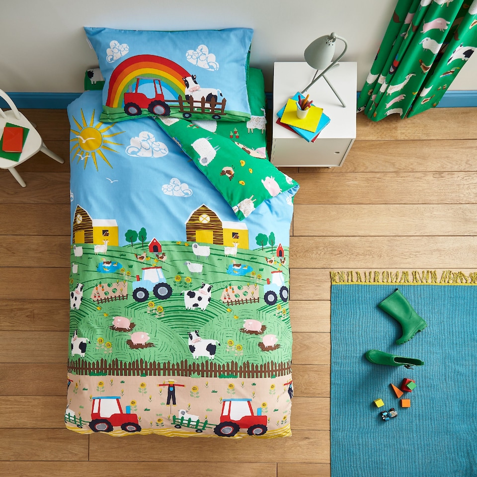 image 1 of Farmyard Animals Reversible Duvet Cover Set | Blue