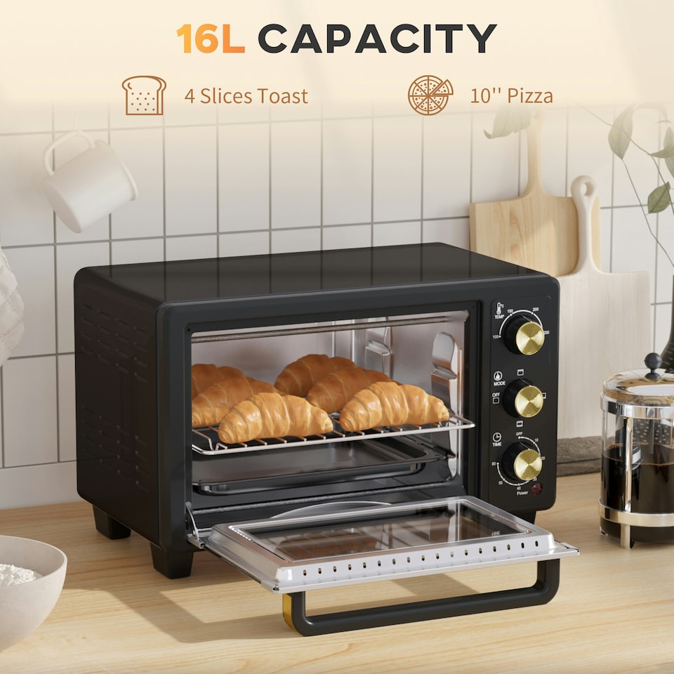 image 1 of HOMCOM Mini Oven 16L Countertop Oven w/ Adjustable Temp Timer 1400W, Black