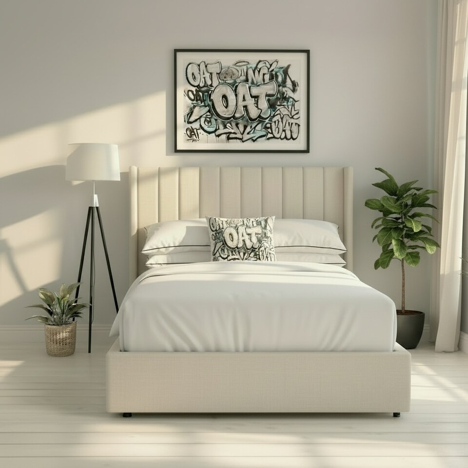 image 1 of Daresbury Winged Headboard Fabric Upholstered Ottoman Storage Bed Frame | Cream | Natural | Double