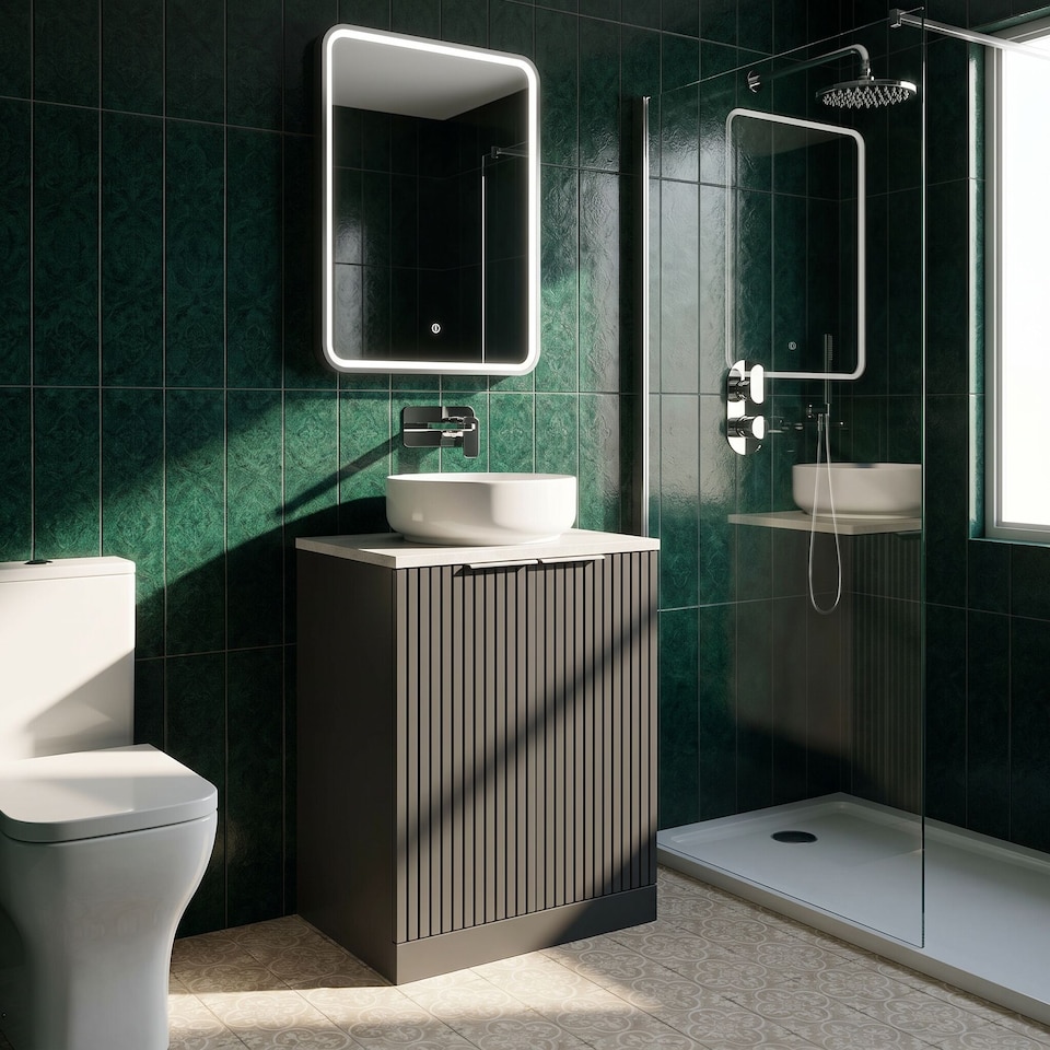 image 1 of Balterley Callingwood Contemporary Floor Standing 2 Door Vanity Unit with White Sparkle Laminate Worktop , 600mm, Dark Grey