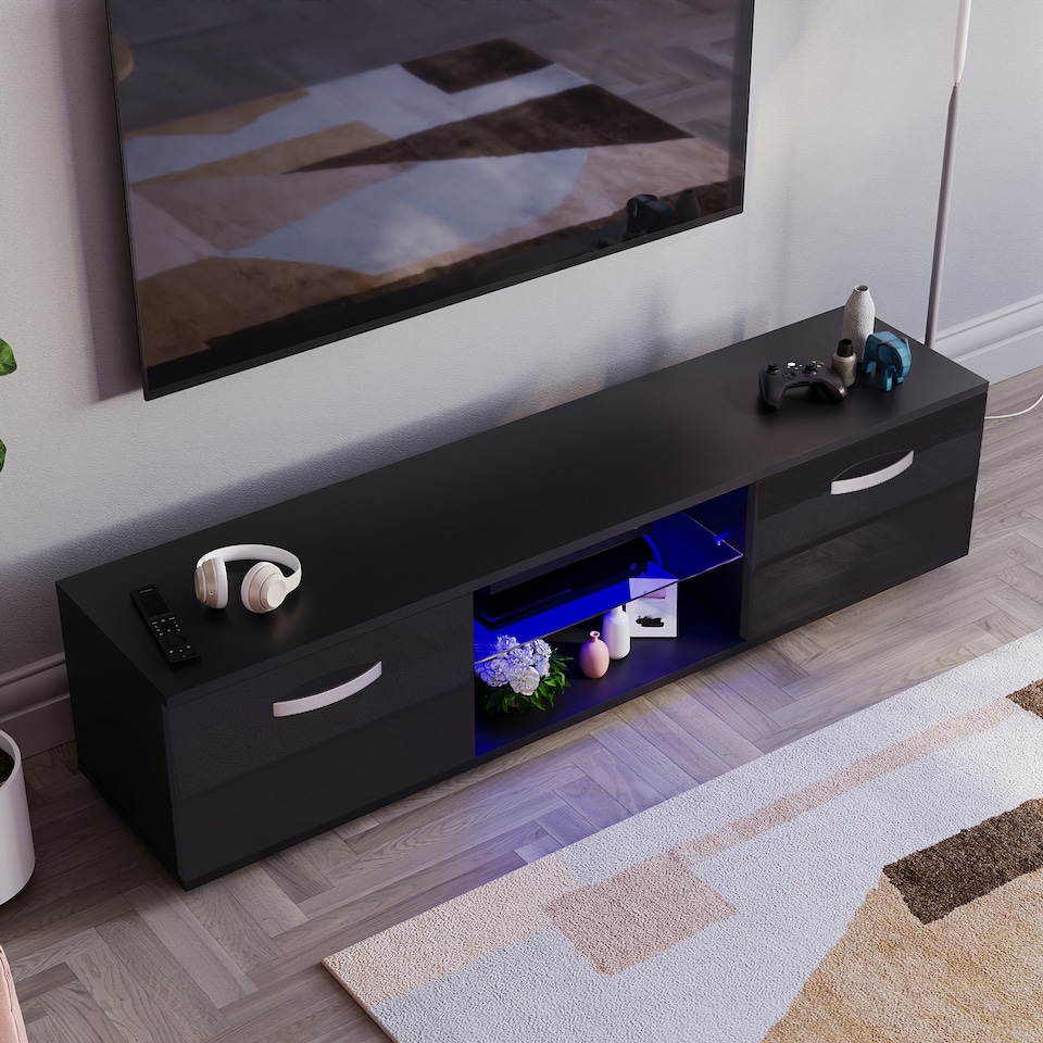 image 1 of Vida Designs Cosmo 2 Door LED TV Unit Entertainment Stand, 160cm, Black | Black | 1